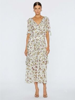 Marissa Webb White Floral V-Neck Tiered Midi Ruffle Cottagecore Dress Small